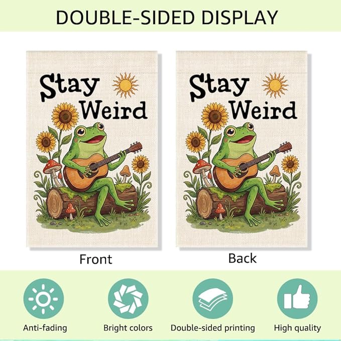RZHV Stay Weird Double-Sided Garden Flag for Outdoor House Yard Sign Garden Decor Parade, Funny Frog Playing Guitar Sun Vertical Flag, Diversity Inclusive Outdoor Lawn House Patio Banner Decoration
