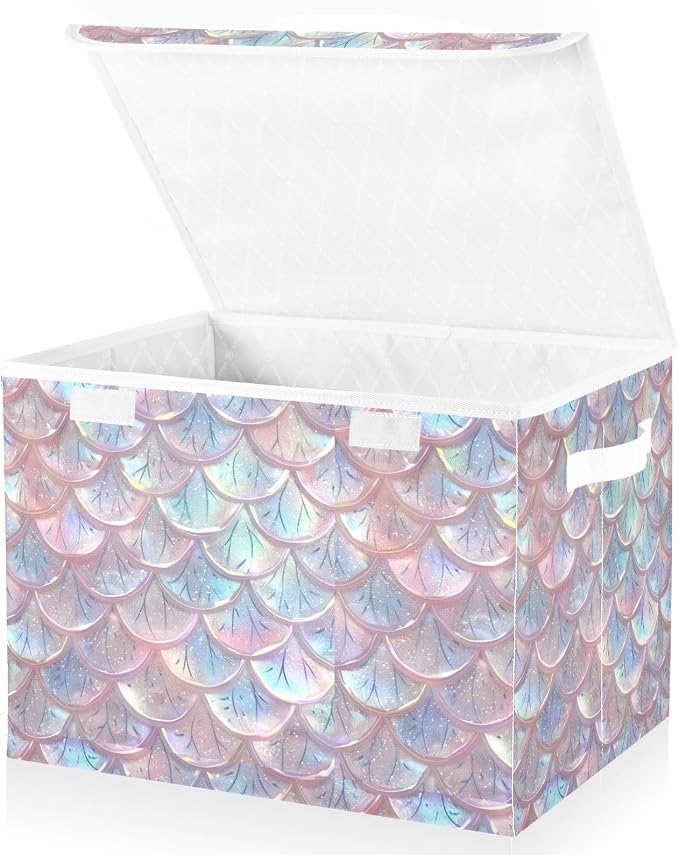 senya Baskets Collapsible Storage Bins with Lids, Pastel Sheer Mermaid Scales Storage Boxes Clothes Baskets for Organizing, B06D22020