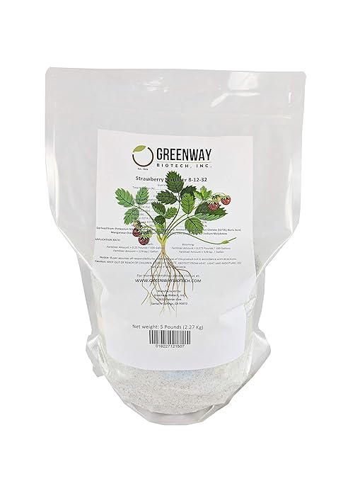 Greenway Biotech, Inc. Strawberry 8-12-32 Fertilizer Powder 100% Water Soluble Plus Trace Minerals- Includes Essential Chelated Micronutrients for Tasty Fruits (5 Pounds 1000 Gallons)