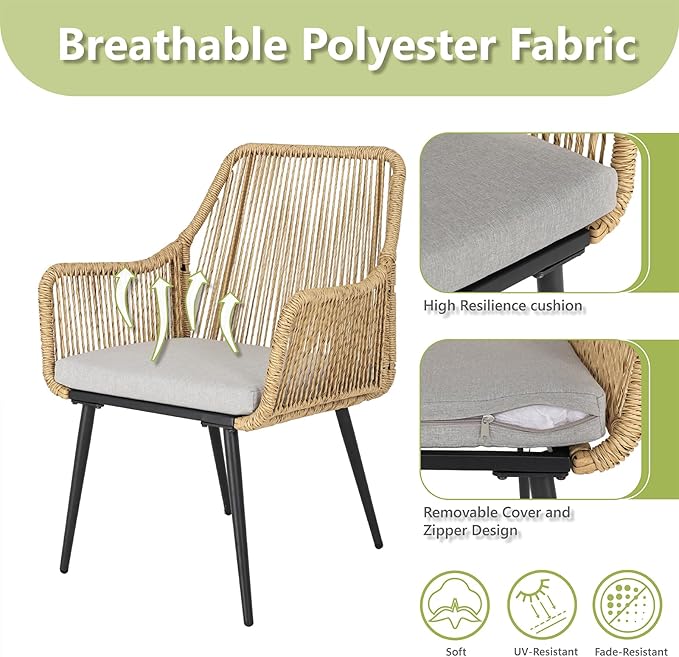 Patio Dining Chairs, Outdoor Dining Chairs with Armrest & Cushion Set of 2, All-Weather Woven Twisted Wicker Rattan Chair, Modern Indoor Outdoor Seating for Garden Lawn Backyard Natural