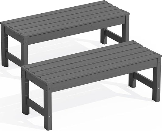 SERWALL 47 Inches Outdoor Bench Set of 2, All Weather HDPE Backless Bench with Wood Grain Texture for Garden Porch and Park, Curved Bench Seat for Comfort, Grey