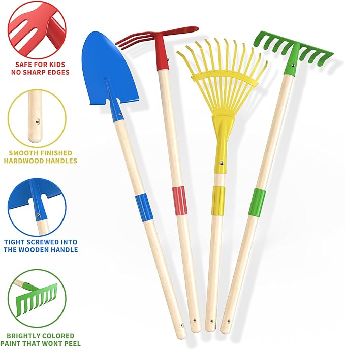 Qtioucp Kids Wheelbarrow Set with Gardening Tools Outdoor Backyard Garden Play for Toddlers Boys Girls 3-8, with Shovel, Rake, Leaf Rake, Easter Birthday Gifts (Red Garden Set)