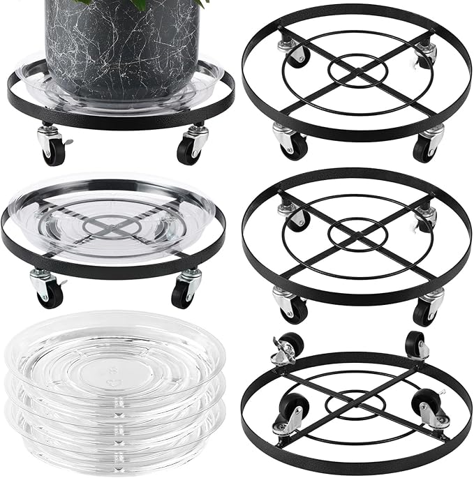 3 Packs Large Metal Plant Caddy 12.6” Plant Dolly with Wheels Heavy-duty Wrought Iron Rolling Wheeled Plant Stand with Casters for Indoor and Outdoor Plant Pot Rollers, 12" Clear Plant Saucers Included