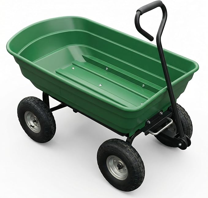 Garvee Wheelbarrow Garden Cart, Heavy-Duty Garden Dump Cart, Four-Wheel Home Garden Yard Utility Wheelbarrow Cart with Built-in Stand & D-Handle Steering for Gardening, Yard Work & Landscaping