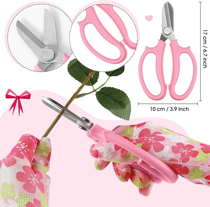 14 Pcs Mother's Day Rose Stripper Thorn Remover Tool Garden Pruning Shears Scissors Kit Leaf Stripping Tool Floral Gloves and Floral Tape Flower Stripper Kit Gift for Wedding Outdoor Gardening(Pink)