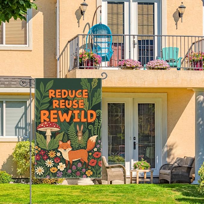 Reduce Reuse Rewild Garden Flags for Outside, Sustainable Garden Flag, Porch Banner for Nature Lovers, Eco-Friendly Yard Sign, Earth Day Front Porch Decor, Cut Fox with Forest Sign Yard Flag