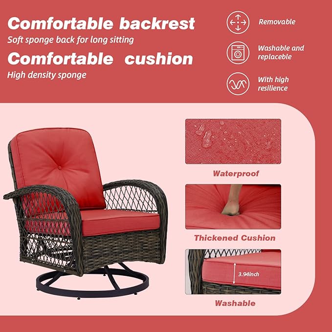 MELLCOM 3 Pieces Outdoor Swivel Rocker Patio Chairs, 360 Degree Rotation and Gliding Patio Furniture Set with Thickened Cushions and Glass Coffee Table for Backyard, Garden, Wine Red