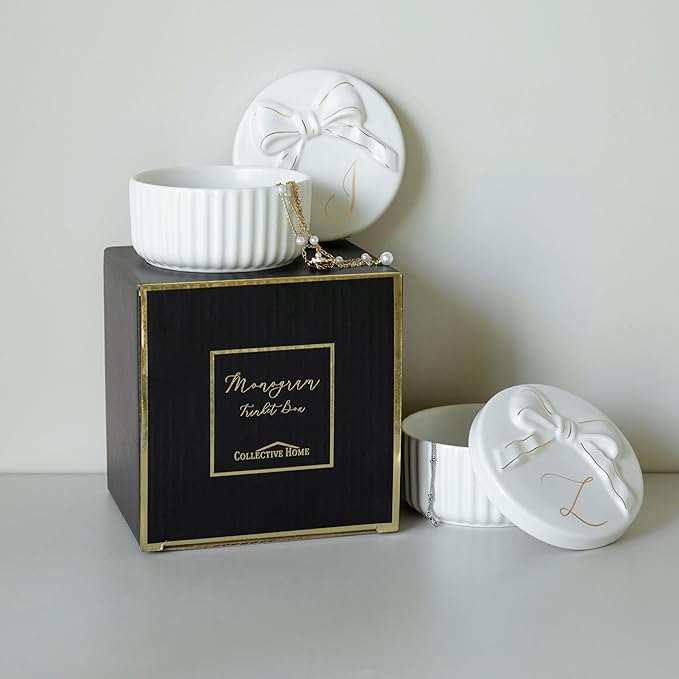 COLLECTIVE HOME Ceramic Jewelry Box with Bow, Nightstand Vanity Decor(B)