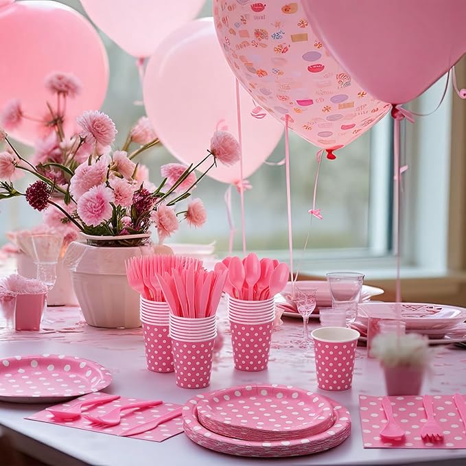 Funnymoom 400 Pcs Pink Polka Dot Party Supplies for 50 Guests White Polka Dot Paper Plates and Napkins Knives Spoon Fork Cup Set Cutlery for Birthday Wedding Bridal Shower Pink Girl