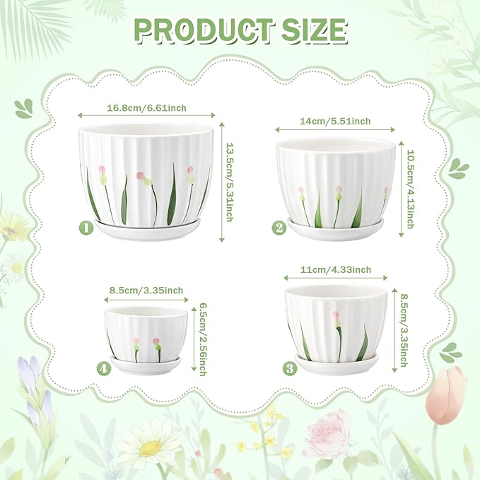 4 Pack Ceramic Orchid Pots with Drainage Holes and Tray 3.35+4.33+5.51+6.61 Inch Ceramic Plant Pot White Garden Planter for Indoor Outdoor Home Decor Gifts for Plant Lovers