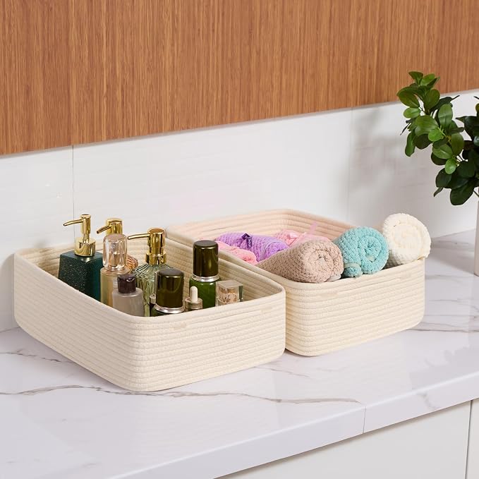 MiniArk Large Shallow Organizing Baskets 15x11x5.1 Inches - Rope Woven Storage Bins for Bathroom, Shelves, Cube Closet, Beige 3 Packs