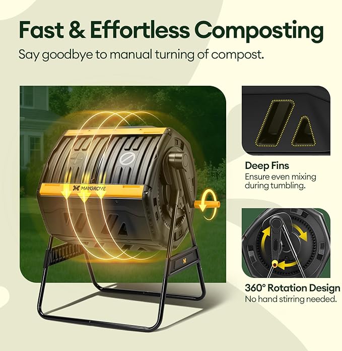 Maygrove Outdoor Compost Bin 53 Gallon, Dual Chamber Large Compost Tumbler for Garden Backyard, with 360° Rotating, Sliding Doors & Solid Steel Frame