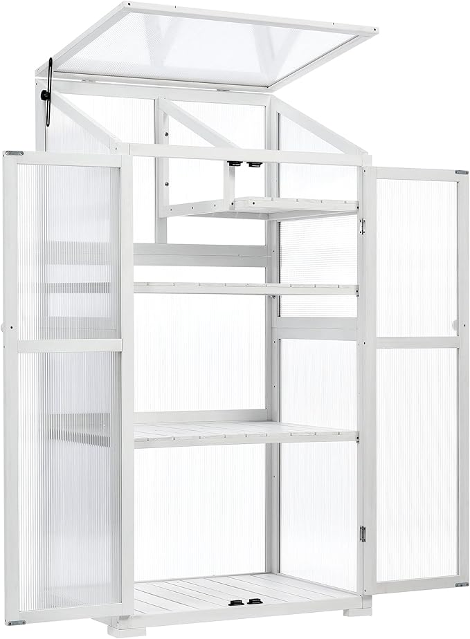 Merax Cold Frame Greenhouse, 62 Inch Large Wooden Greenhouse Cabinet, Garden Cold Frame with Wheels and Adjustable Shelves for Outdoor Indoor Use, White