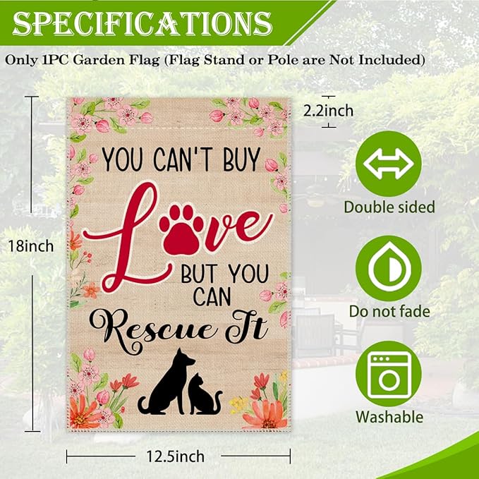 Hafhue You Can't Buy Love But You Can Rescue It Garden Flag, 12 x 18 Inch Double Sided Pet Rescue Yard Garden Lawn Patio Decor Flag, Adoption Awareness Outdoor Banner for Pet Lover Animal Rescuer