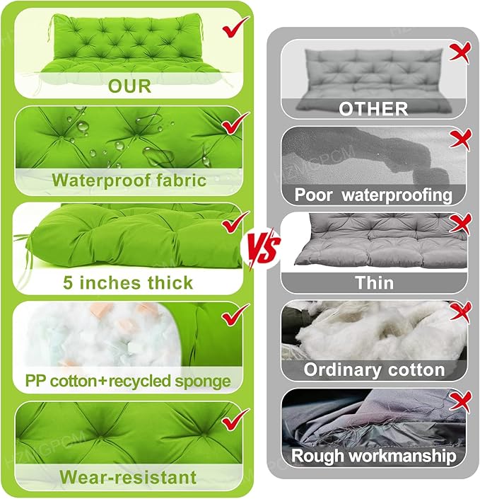 Premium 5" Thick Waterproof Porch Swing Cushions Sturdy Durable 3 Seat Replacement Outdoor Swing Cushions with Backrest&Ties Bench Cushion for Outdoor Furniture Backyard Patio Garden