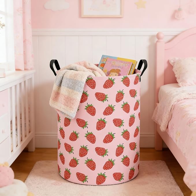 Round Strawberry Laundry Hamper, Storage Basket for Adults and Kids