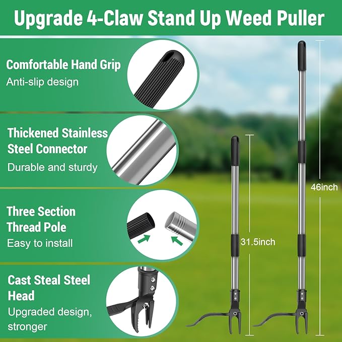 GOXAWEE Weed Puller Tool, 4-Claw Stand Up Weeder with Adjustable 46” Handle for Remove Weeds Without Bending, Pulling or Kneeling