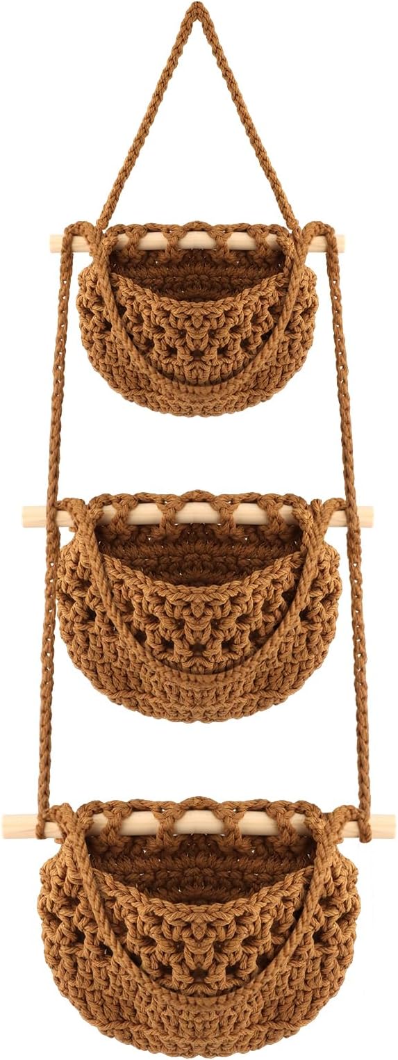 3 Tier Hanging Fruit Basket, Wall Hanging Vegetable Produce Storage Basket Cotton Woven Organizer, BOHO Wall Hanging Basket for Kitchen, Bathroom, Multi Tier Wall Produce Holder