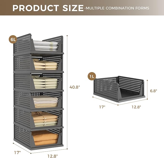 Pinkpum 6 Pack Closet Organizer Storage Bins Stackable Plastic Drawer Shelf