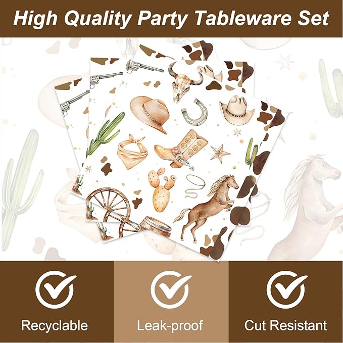 48Pcs Western Cowboy Party Decorations Western Cowboy Horse Dessert Plates Napkins and Forks Party Supplies Set for 16 Guests