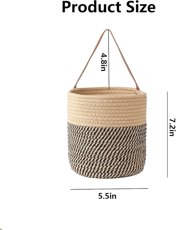 Hanging Leather Plant Holder, Wall Hanging Planter Basket Black and Jute