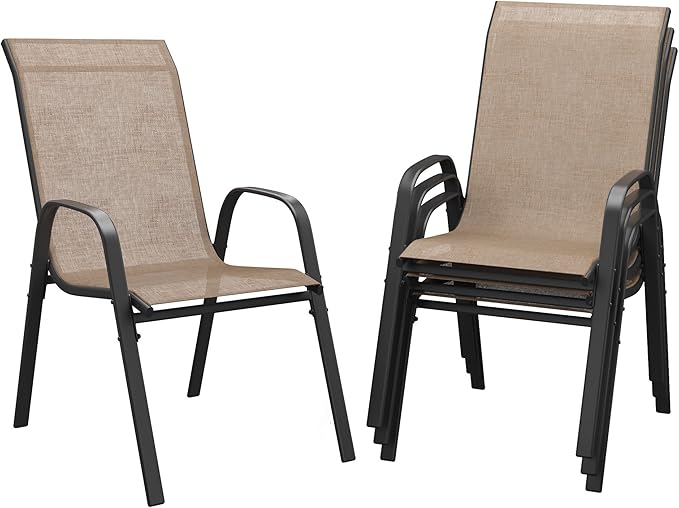 DIFY Patio Chairs Set of 4, Stackable Outdoor Dining Chairs Set with Breathable Textilene High Back and All-Weather Metal Frame for Garden, Backyard, Deck, Brwon