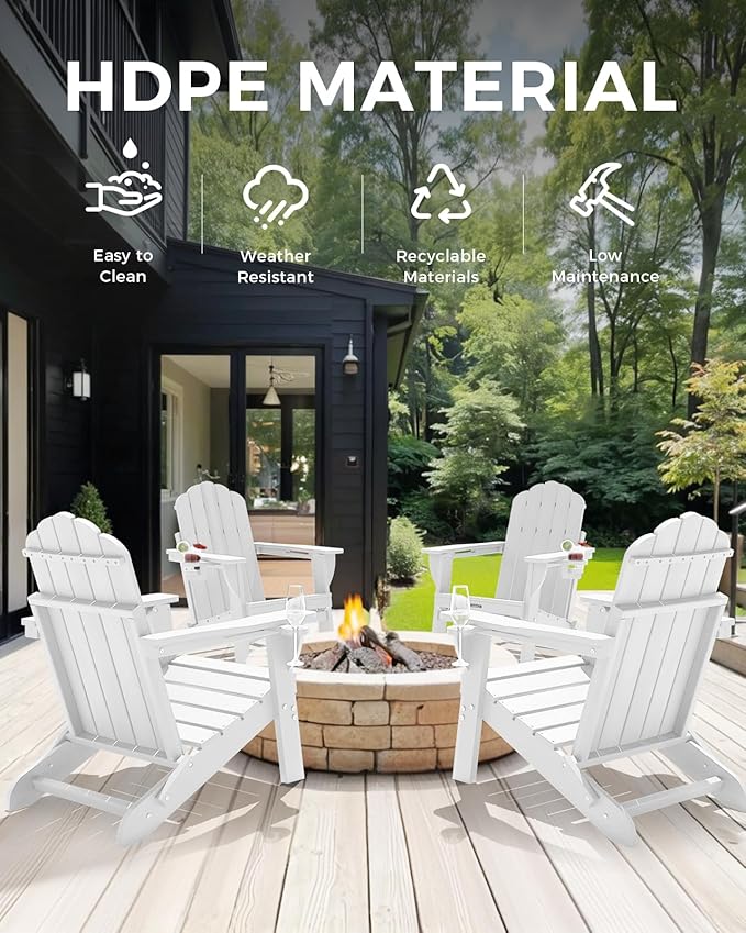 Folding Adirondack Chair, HDPE Adirondack Chair with 2 Cup Holders, Pre-Assembled Outdoor Fire Pit Chairs for Patio, Garden, Poolside, White