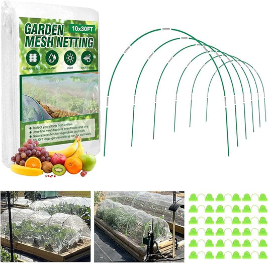 Garden Netting Kit, 10x30FT Ultra Fine Mesh Netting ＆6 Sets of 8FT Fiberglass Garden Hoops for Raised Beds, Vegetable Plants Fruits Flowers Birds Animals Barrier Protection Net