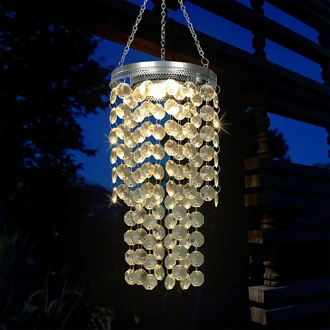 Hanging Solar Lantern Outdoor, 2 Tiers 21” Solar Transparent Acrylic Beaded Chandelier with Warm White LED S Hooks for Garden Yard Patio Gazebo Outside Decor