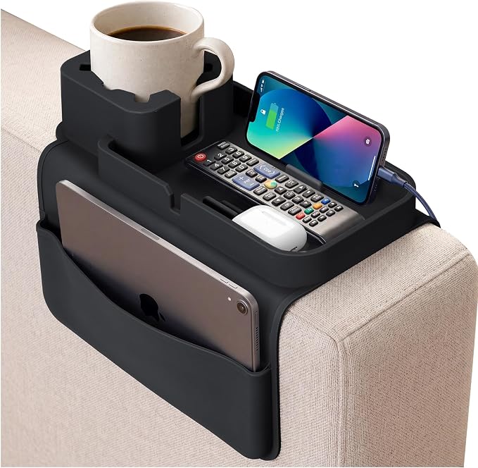 Silicone Couch Cup Holder Tray – Anti-Spill Non-Slip Sofa Armrest Organizer with Tablet & Phone Stand, Side Pockets, BPA-Free Dirt-Resistant Arm Tray for Drinks, Remotes, Snacks, Gifts (Black)