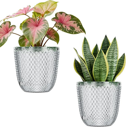 QCQHDU 2 Pack Self Watering Pots, 7.2 Inch Flower Pots with Drainage Holes and Water Filling Port, Garden Planter for Indoor Outdoor Plants (Clear)