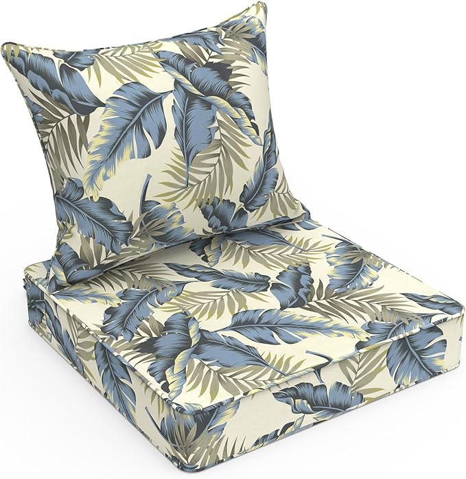 LVTXIII Outdoor Deep Seat Cushion 22"x22"x4" Patio Seat and Back Cushion Set Seasonal Chair Cushion for Dining Arm Chairs, Wicker Chairs and Garden Furniture Decoration, Lush Palm Blue