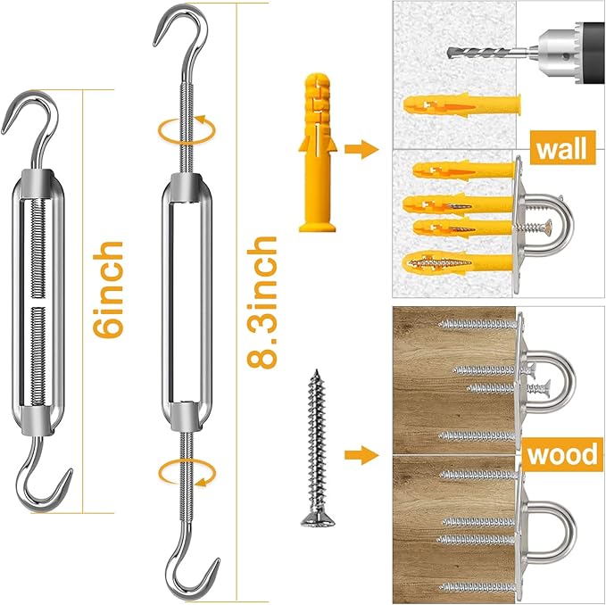 Duerer Sun Shade Sail Hardware Kit 80pcs for Rectangle Triangle Sun Shade Sails Canopy Installation 304 Stainless Steel Accessories Set for Outdoor Garden Patio (4 * 6inch M6 Turnbuckles)