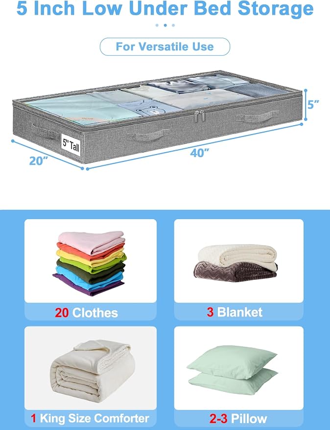 punemi 5 inch High Soft Fabric Low Profile Under Bed Storage, 2 Pack, Grey