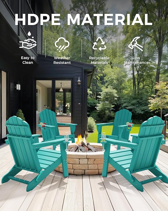 Adirondack Chairs Set of 2, Wood Texture Fire Pit Chairs, Plastic Adirondack Chairs with 2 Cup Holder, Outdoor Lawn Chair for Patio Garden, Lake Blue