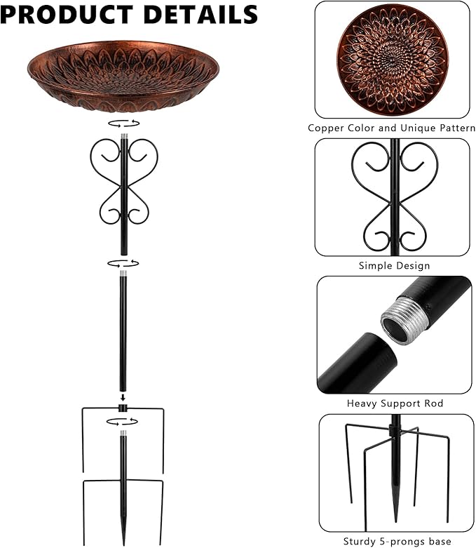 Metal Bird Baths for Outdoors, 38" H Copper Birdbath with 11.4 Inch Bowl, Standing Bird Bath & Bird Feeder with Stake for Outside Garden Patio Yard Lawn Decor