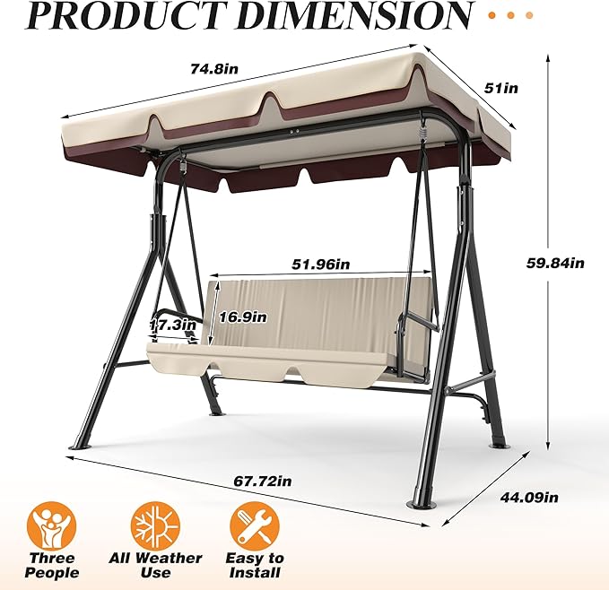 GARTOO 3-Seat Patio Swing Chair, Outdoor Porch Swing with Adjustable Canopy and Durable Steel Frame for Patio, Garden, Poolside (Beige)