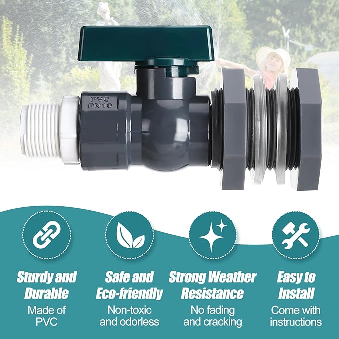 2 Pcs Easy Install Rain Barrel Spigot Kit, 3/4 Inch Rain Barrel Valve with Hose Faucet Adapter Thread Sealing Tape, Durable PVC Barrel Diverter Kit for Garden Barrels Water Tanks Aquariums