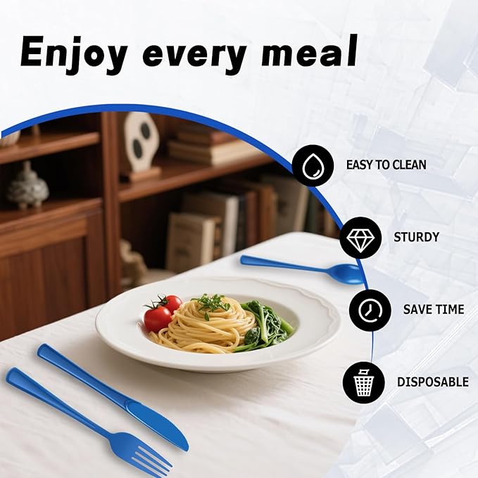 Plastic Silverware 150 PCS Disposable Silverware Heavy Duty Utensil Sets 50 Of Each Forks Knives & Spoons Disposable Cutlery Set For Easter,Birthday,Baby Shower,Garden Party,Wedding(150,Blue)