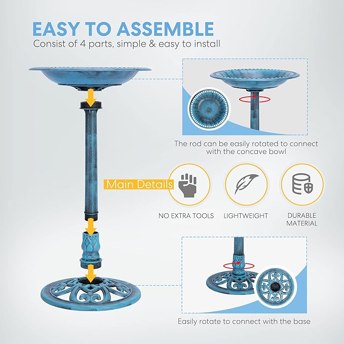VIVOHOME Bird Bath with Solar Fountain for Outside, Polyresin Pedestal Bird Baths with Solar Powered Pump for Outdoor, Garden, Weather-Resistant Birdbaths with 20" Bowl, Blue