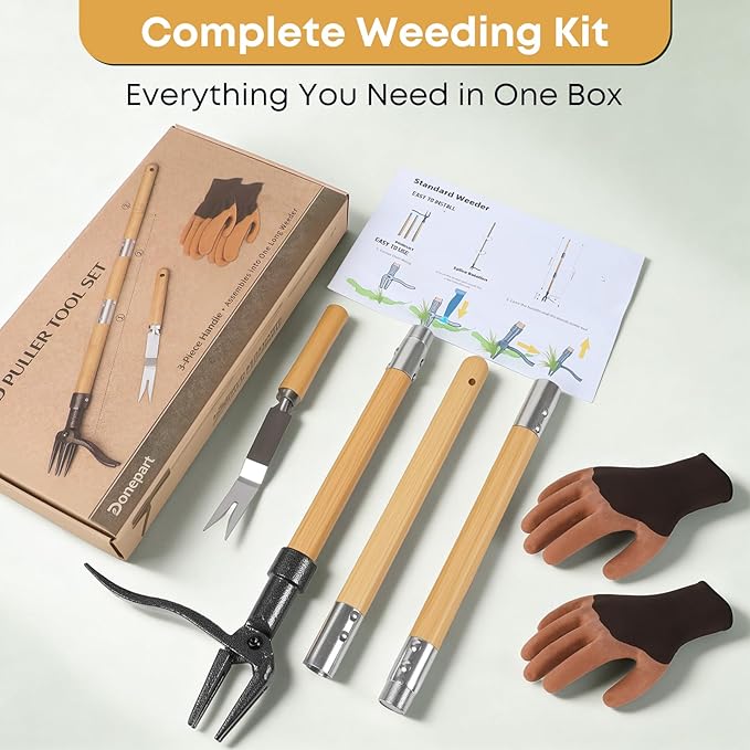 Donepart Stand Up Weed Puller Tool, Long Handle Weeder & Hand Weeder Fork Set - 46" No-Bend Deep Root Remover for Lawn, Garden & Yard, Seniors & Bad Back Friendly, Fits 5'2"-6'2", Bamboo Handle