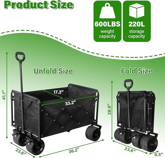 Folding Wagon Cart with All-Terrain Wheels – Heavy Duty Collapsible Utility Wagon for Grocery, Sports, Garden, Camping, Shopping (Black 600LBS)