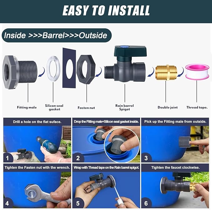 2 Sets 3/4 Inches Rain Barrel Spigot Kit Water Barrel PVC Garden Diverter Kit Include Bulkhead Fitting Hose Faucet Adapter and Thread Seal Tape for Home Outdoor(Metal Style)
