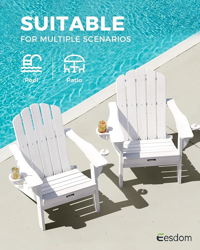 Adirondack Chairs Set of 6, Fire Pit Chairs, Wood Texture Patio Chairs with 2 Cup Holder, Outdoor Lawn Chair, White