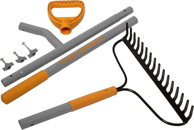 ErgieShovel ERG-BWRK16 Strain Reducing Steel Impact Resistant Bow Rake, 16-Tine, 54-Inch Shaft, w/Patented Ergonomic Second Handle, Gray/Orange