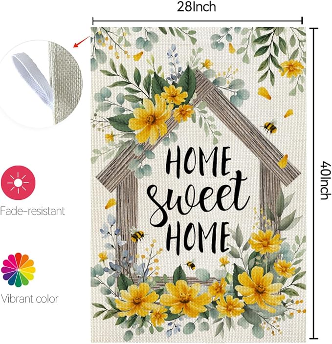 CROWNED BEAUTY Spring Home Sweet Home House Flag Eucalyptus Yellow Wildflowers Double Sided 28x40 Inches Large Burlap Welcome Holiday Seasonal Yard Decoration for Outside Porch