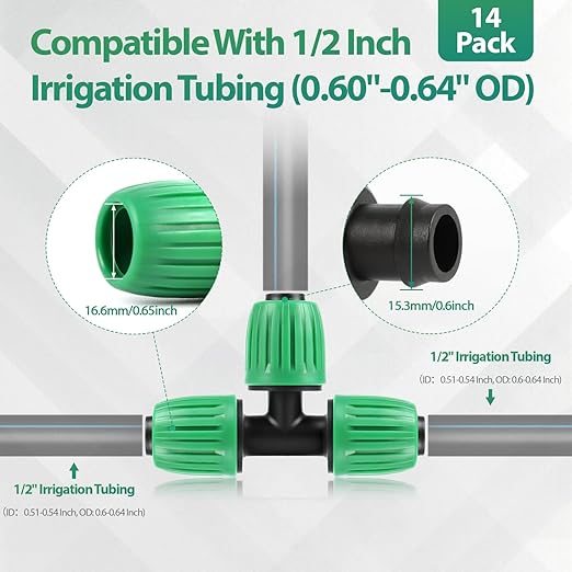 RedChili 14 Pcs 1/2 Inch Irrigation Tubing Tee Fittings, (1/2" ID x0.6-0.65" OD) 16mm Drip Tubing Barbed Locked Nuts Connectors Anti-Drop 1/2" T Parts for Garden Lawn Irrigation System