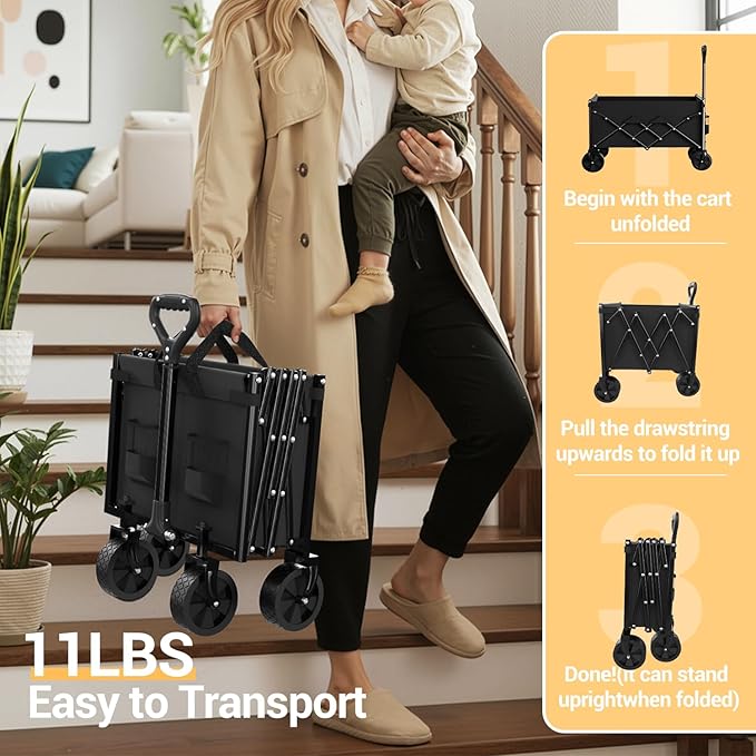 Lightweight Folding Wagon with Extended Tailgate, Large Capacity Collapsible Grocery Cart, Heavy Duty Foldable Shopping Carts, All-Terrain Outdoor Utility Carts for Camping, Sports, Garden, 4.5 Cu Ft