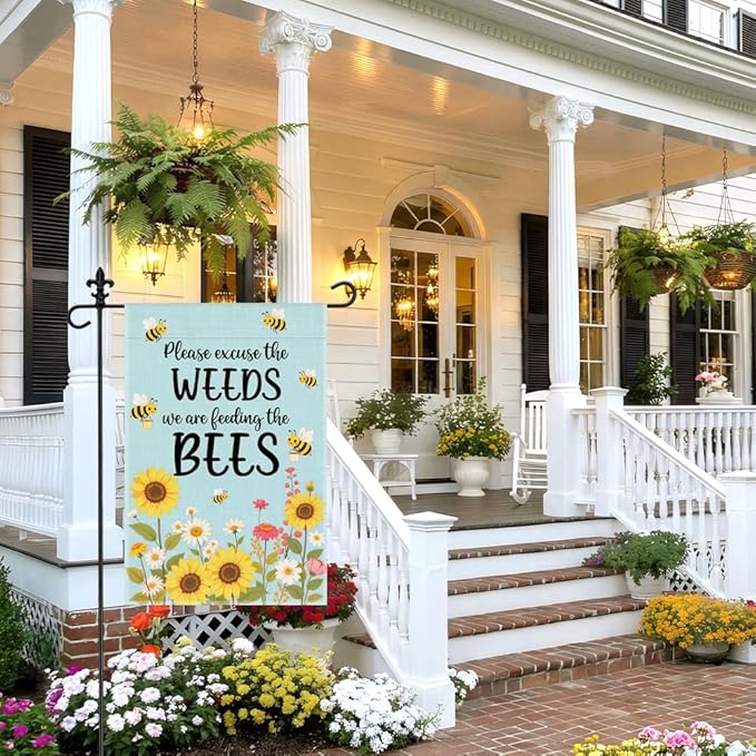 Please Excuse the Weeds We are Feeding the Bees Garden Flag, 12 x 18 Inch Double Sided Sunflower Bee Outdoor Yard Patio Decor, Pollinator Garden Sign for Beekeeper Pollinator Advocate Gardener