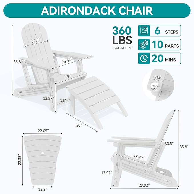 Vongrasig Adirondack Chairs Set of 2 with Removable Tabletop and Footrest, HDPE Plastic Outdoor Chair Set with Wooden Textured, Cup Holder for Patio, Poolside, Garden, White, 5 Pieces